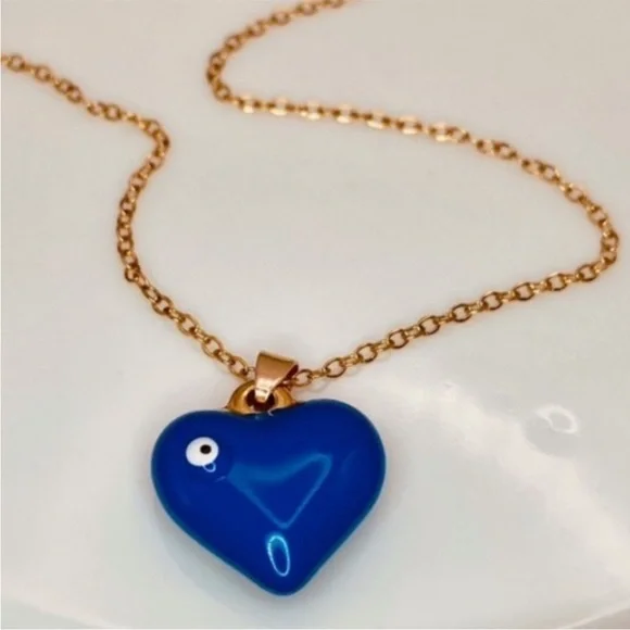 Blue Enameled Heart Turkish Evil Eye 🧿 Pendant Dainty Chain Necklace - Picture 1 of 6
